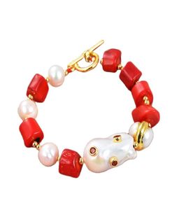 Guaiguai sieraden rood koraal witte parel witte keshi parel cz pave connector armband handgemaakt voor vrouwen echte dame mode Jewellry1112499