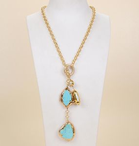 Bijoux guaiguai blanc Biwa Pearl Turquoise Lariat Chain Collier pour femmes Real Gems Stone Lady Fashion Jewellery7910378