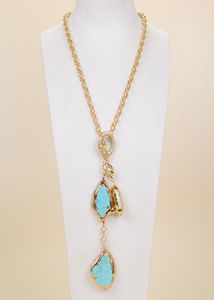 Bijoux guaiguai blanc Biwa Pearl Turquoise Lariat Chain Collier pour femmes Real Gems Stone Lady Fashion Jewellery4895779