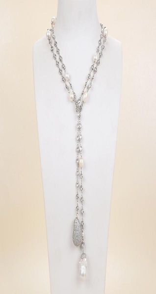 GuaiGuai Jewelry White Keshi Pearl Cz Pave Collar largo de cadena chapada en oro blanco para mujer Gemas reales Piedra Joyería de moda para mujer 6364250