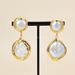 GuaiGuai Bijoux plaqué or jaune pièce blanche naturelle perles d'eau douce Boucles d'oreilles 210317