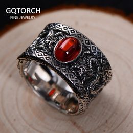 Guananteed S925 Sterling Zilveren Ring Vintage Granaat Zwarte Agaat Dubbele Draak Spelen Kraal Brede Groothandel 240305