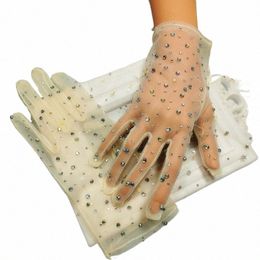 guantes Elegantes Crystal Rhinestones Tule Bruidshandschoenen Vrouwen Bruiloft Handschoen Bruid Party Prom Dr Champagne Witte Handschoen G8r5 #