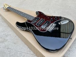 Guitarra de guitarra 6 string, negro clásico, tortuga de tortuga roja Pickguard, camioneta negra P90, diapasón festoneado