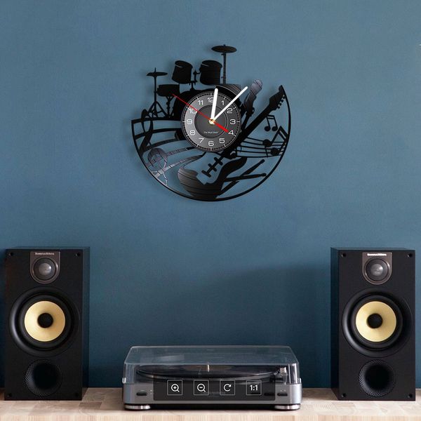 Kits de guitarra y batería Reloj de pared Guitarrista Música Vinyl Vinyl Record Rock Music Instrument Guitar Wall Art Rock N Rock Gift