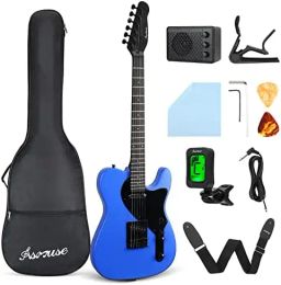 Gitaar Asmuse 39" elektrische gitaar, full size elektrische gitaar voor beginners, startpakket populierenhouten body, elektrische gitaar met stemapparaat, versterker, tas