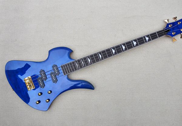 Guitarra Cuerpo azul Forma inusual Bajo eléctrico de 4 cuerdas, Diapasón de palisandro, Proporciona servicio personalizado