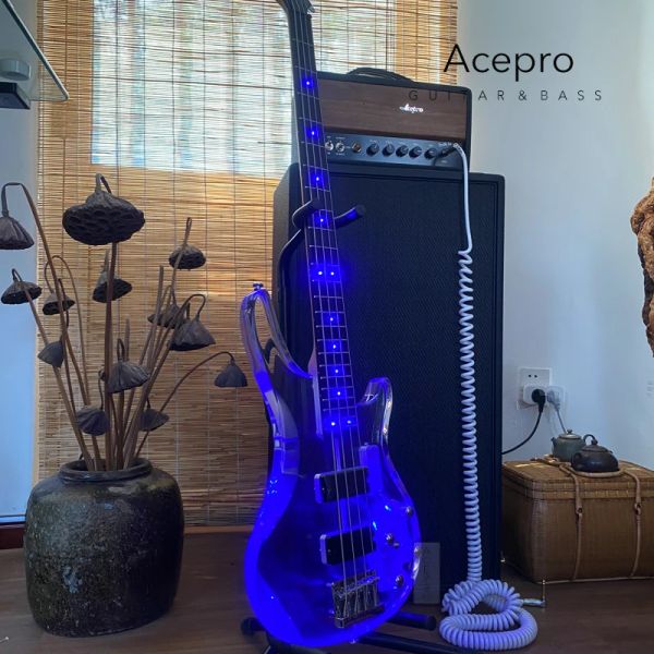 Guitare basse électrique acrylique à 4 cordes avec LED bleues, touche en palissandre, manche en érable, haute qualité, livraison gratuite