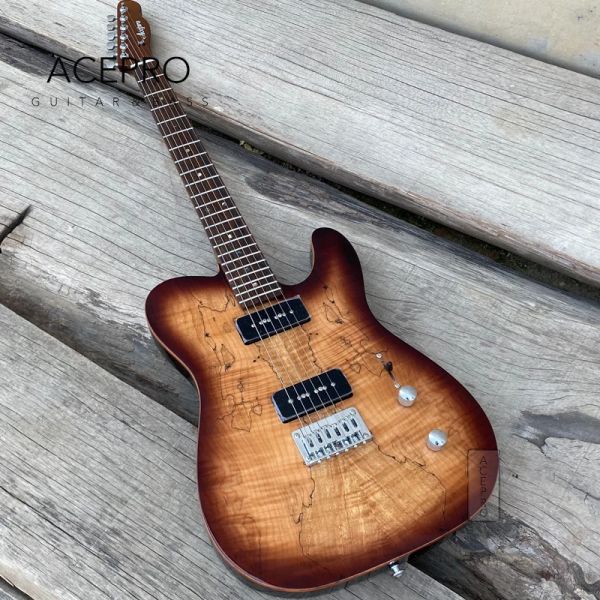 Guitare marron éclat ACEPRO Guitare électrique Noir P90 Pickups Roast Maple Cou