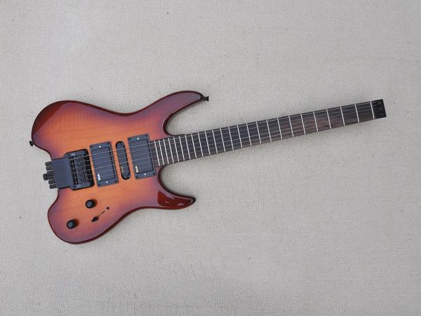 Guitarra eléctrica sin cabeza marrón con chapa de arce flameado, diapasón de palisandro, logotipo personalizado/color disponible