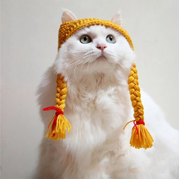Tocado de guitarra para gato, sombrero trenzado hecho a mano, peluca para gato, sombrero corto británico americano, tocado corto para gato, accesorios para mascotas, sombrero tejido