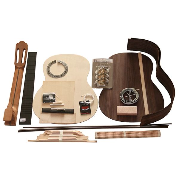 Kit de bricolaje para guitarra clásica, madera maciza, parte trasera de rosa india, tapa de abeto y mástil de caoba, materia para hacer guitarra