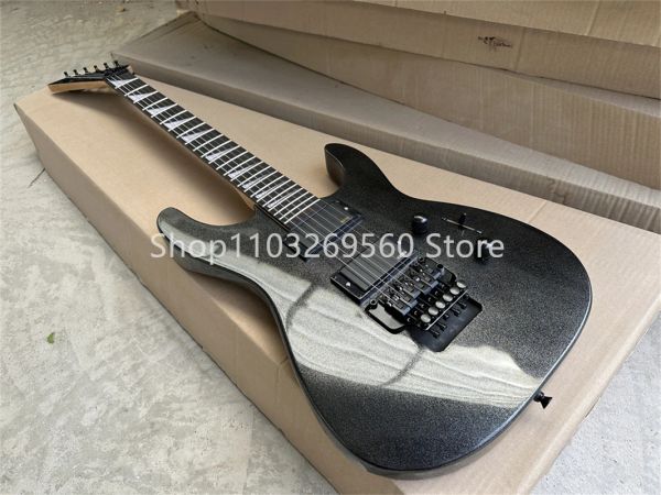 Guitare personnalisé en métal gris 6string jack guitare électrique, quincaillerie noire, pick-up actif HH, pont de trémolo Floyd Rose