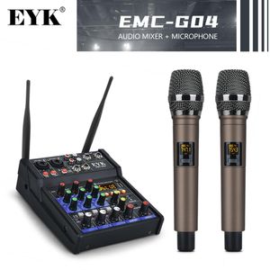Guitarra Eyk Mezclador de audio estéreo Micrófonos inalámbricos Uhf incorporados Consola de mezclas de 4 canales con efecto USB Bluetooth para DJ Karaoke Pc Guitarra