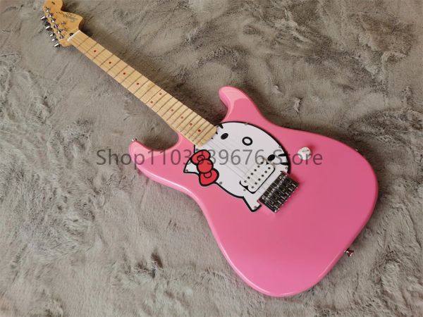 Guitar Factory Custom Pink Cat 6String Guitare électrique, pick-up en une pièce, quincaillerie chromée, pont fixe, retour à travers les cordes