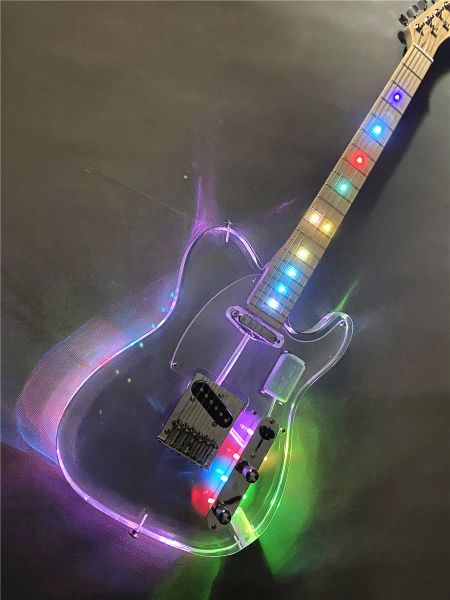 Guitarra de alta calidad, cristal acrílico transparente, 6 cuerdas, luces de guitarra eléctrica, Led intermitente, cuello de xilófono de arce, envío gratis