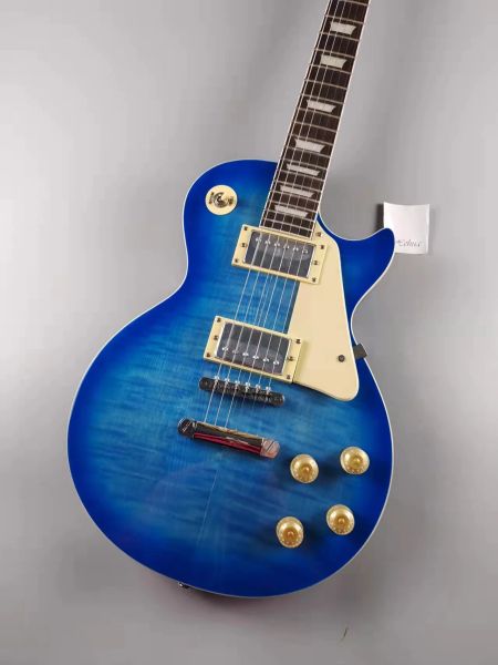 Guitarra guitarra eléctrica de alta calidad, cuerpo de caoba sólida, azul brillante, hardware de oro, en stock, envío rápido gratis