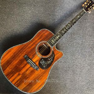 Guitare Guitare acoustique en bois KOA de haute qualité, touche en ébène, reliure et incrustation en coquille d'ormeau véritable, guitare acoustique pan coupé