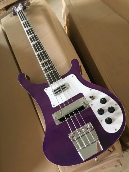 Guitare basse électrique à 4 cordes, corps violet, avec dessus en érable flammé, matériel chromé, Pickguard blanc, fournir un Service personnalisé