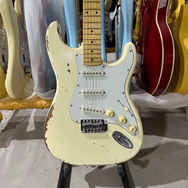 Guitare électrique Relic ST, couleur jaune crème, corps en aulne, touche en érable, guitare de haute qualité, livraison gratuite