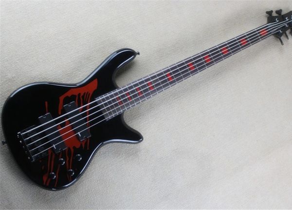 Guitare Shandong Factory noir 5 cordes guitare basse électrique incrustations de bloc rouge livraison gratuite