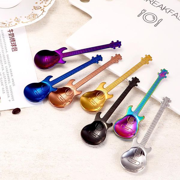 Cucharas con forma de guitarra, aperitivos de postre, accesorios de cocina de acero inoxidable originales, café, música, agitar, chapado en oro y plata RRA97