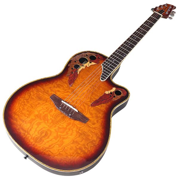 Guitarra en stock, guitarra acústica eléctrica con parte trasera redonda de 41 pulgadas, guitarra eléctrica popular de 6 cuerdas, alto brillo con EQ con pequeño defecto