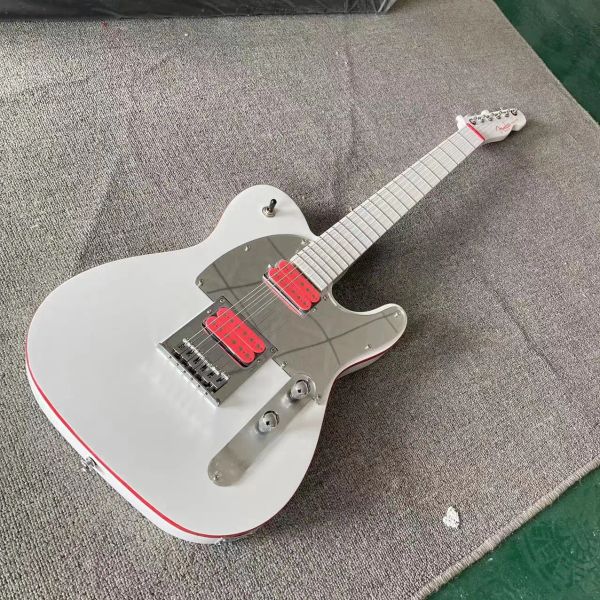 Guitare électrique fendue TL, corps blanc, reliure rouge, piste en érable, filetage de tête de balle de touche en érable, protection de miroir, micro ouvert,