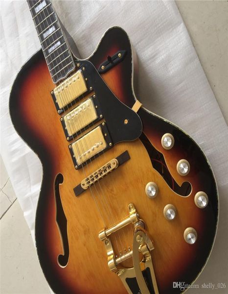 Guitare Top qualité couleur or matériel Archtop trois micros épais corps creux pont guitare électrique guitarra guitars9076093