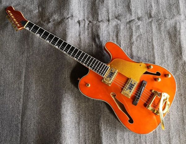 Guitare de qualité supérieure Qshelly personnalisé Orange Tl corps creux trou F touche ébène pont en or guitare électrique magasin d'instruments de musique