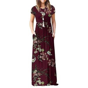 GULE robe d'été plissée à manches courtes, taille Empire, col rond, motif floral, Maxi, poches longues, 210329289d