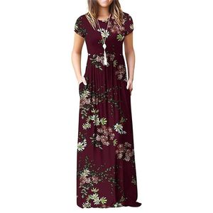 GULE robe d'été plissée à manches courtes, taille Empire, col rond, motif floral, Maxi, poches longues, 210329238p