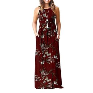 Gule Women's Summer Sleevelelastische Empire Taille geplooide bloemen Maxi lange jurken met zakken X0529