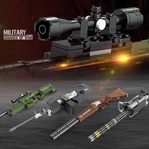 Pun Toys Gatling Gun Awm Sniper Rifle Model Building Bloods M249 Police Military dispara ladrillos Pistol de Navidad Regalo de Acción de Gracias 240417