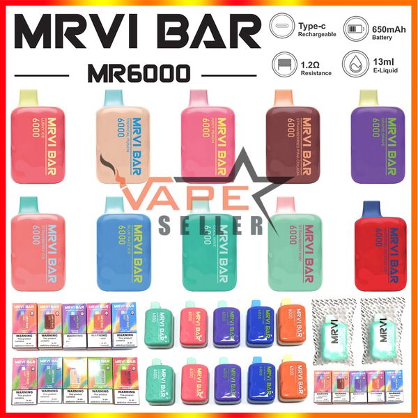 Original Mrvi Bar 6000 Puffs Vape jetable rechargeable E cigarette avec batterie 650mAh préremplie 13ml Pod Valise Elf Box VS Lost Mary Elfworld Caky