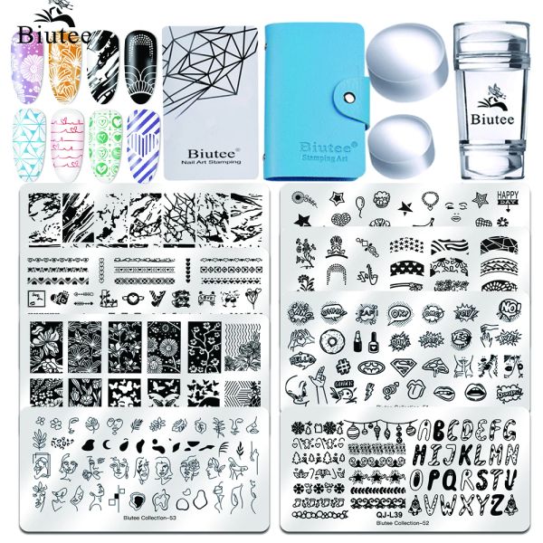 Guns BiUtee 15/13pc Placas de estampado de uñas Conjunto de imágenes Clear Stamper Croper Flower Flower Arte Plantilla de estampado Placas de imagen