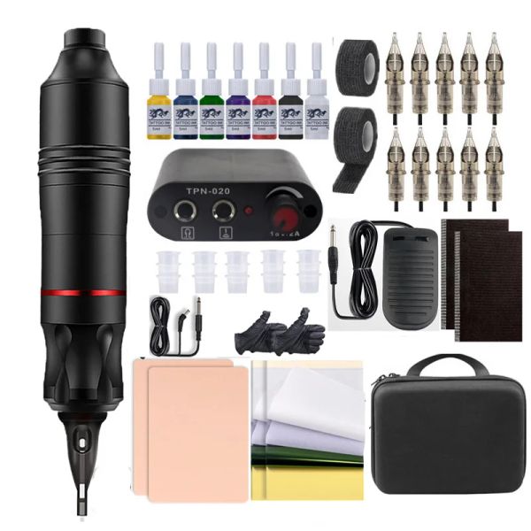 Guns Kit completo de pluma de tatuaje para principiantes con fuente de alimentación de tatuaje Máquina de tatuaje de tinta de 7 colores Juego de pedales 10 piezas Accesorios de aguja