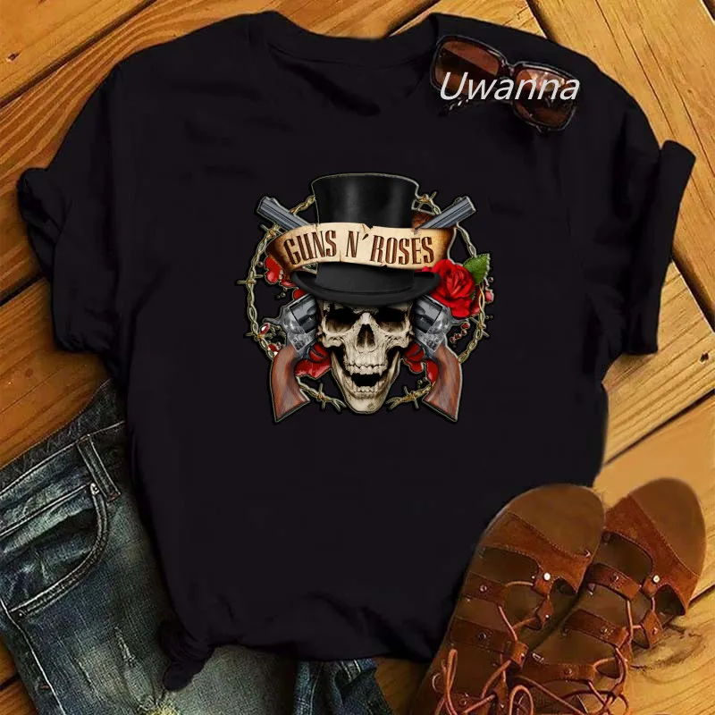 Guns'n Rose T-shirt Mulheres impressas harajuku t camisetas vintage streetwaer tees gráficos y2k camiseta feminina camiseta pop ropa mujer