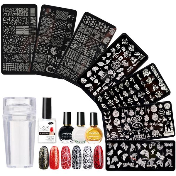 Kit de placas de estampado de arte de uñas de pistolas para manicura de uñas con 10 ml de blanco/ negro/ dorado esmalte de uñas Sello de sello Antigloverflow Glue Set