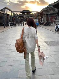 Guo Chao Brand Retro Cartoon Cat Cotton Katoen met korte mouwen T-shirt vrouwelijke zomer oversized unieke wilde losse top