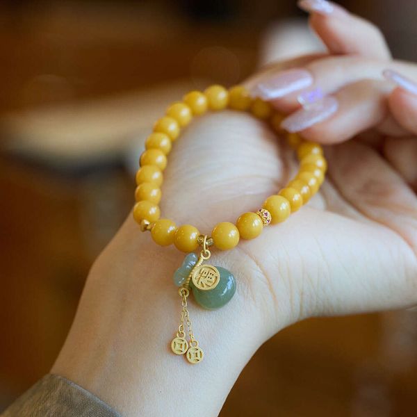 Guofeng-pulsera de ámbar y cera de miel para mujer, aceite de pollo Natural, color amarillo, Hotan, Jade, dinero, bolsa de la suerte, regalo de cuerda de mano