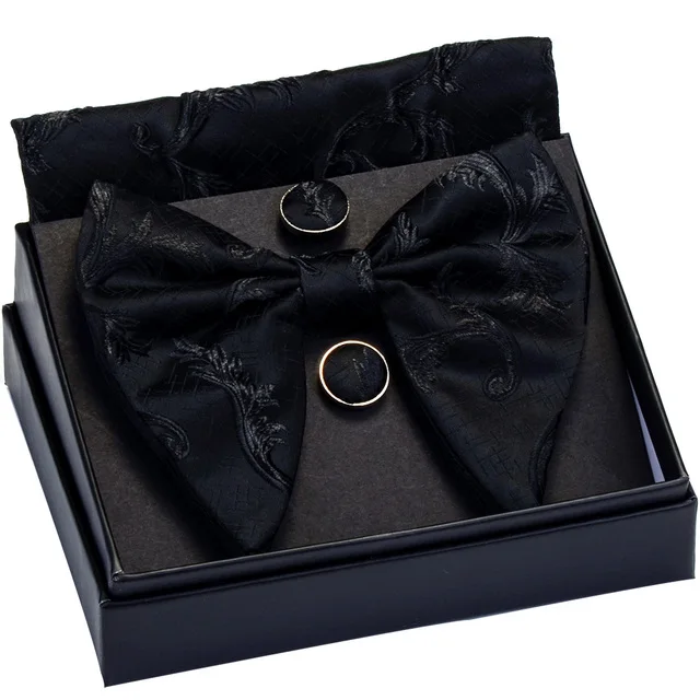 Gusleson Dekoracyjny wzór duży muszka biała czarna bowtie kieszonkowe spinki do mankietów z podarunkiem krawat ślubny dla mężczyzny