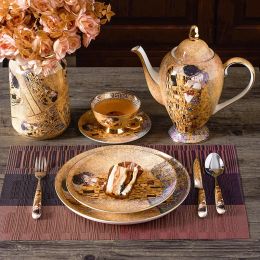 Gustav Klimt Bone China Coffee Coffee Juego de té de té de porcelana británico de lujo Cerámica Tetera de cerámica Camina de leche de azúcar
