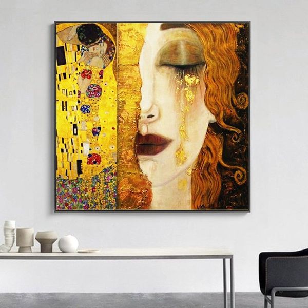 Pinturas en lienzo de Gustav Klimt, lágrimas doradas y beso, arte de pared, imágenes impresas, arte clásico famoso, decoración del hogar 267Y