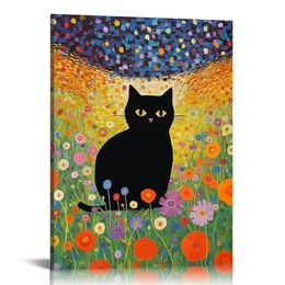 Gustav Klimt Canvas Wall Art Famme Garden Fleur Fleur Black Cat Affiche drôle de chat floral imprimé coloré abstrait ferme Farmhouse Aesthetic Room Decor Gallery for Chadow
