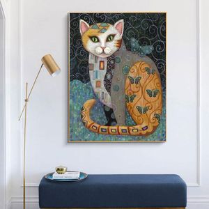 Gustav Klimt Célèbre Oeuvre Chat Art Toile Peinture Abstraite Animaux Mignons Affiche Imprimer Rétro Mur Art Pictrue Salon Décor