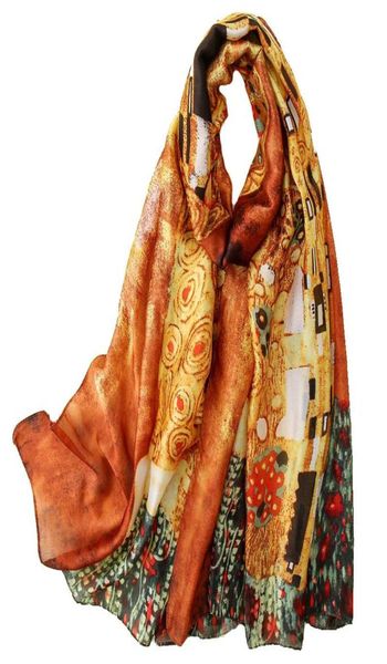 Gustav Klimt Oil Painting en soie écharpe pour les femmes de châle en soie der Kuss Foulard Femme Summer Beach Cover Up New5043985