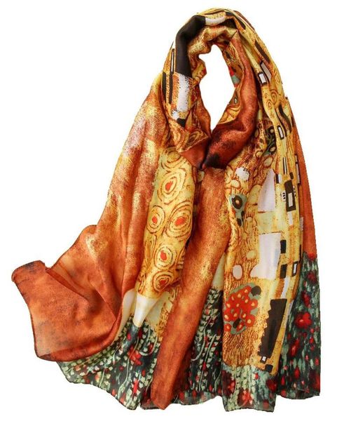 Gustav Klimt Oil Painting Swek Scarf pour femmes Silk Châle Designer Der Kuss Foulard Femme Summer Beach Cover Up New3927435
