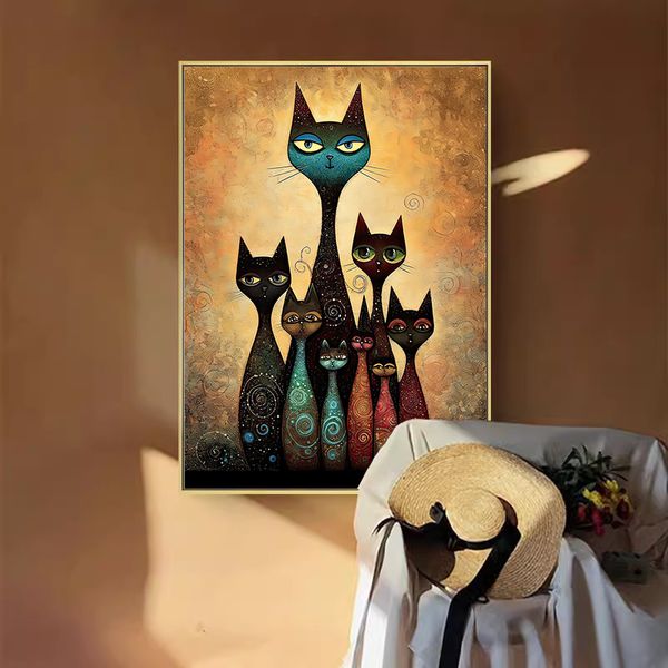Gustav Klimt Style Cats Famille Résumé Canvas PEINTER