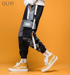 GUYI Patchwork Zakken Cargo Broek Mannen Wit Rib Enkel Tactische Broek Mannelijke Mode Toevallige Hip Hop Streetwear Pants3773861